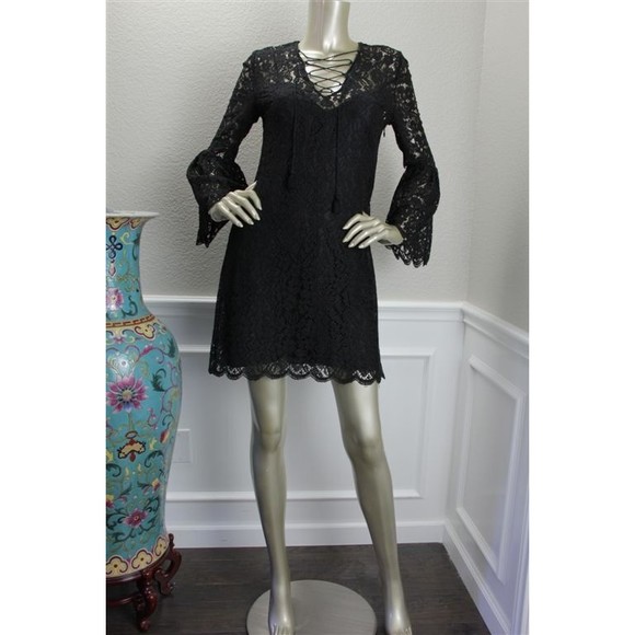 NWT RACHEL ZOE Black Lace Flared Poet Sleeve Corset Tie Mini Dress 4 - Picture 2 of 7